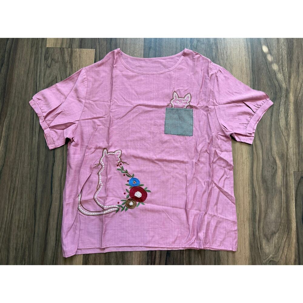 Pink Cat Embroidered Top Floral Graphic Tee Cottagecore Cute Short Sleeve NEW